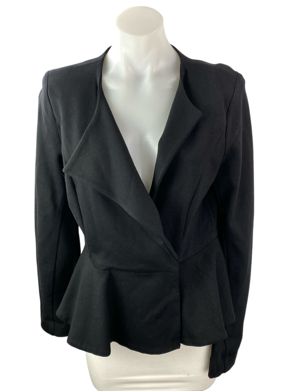 Cabi Women's Black Ponte Knit Collar Long Sleeve Peplum Blazer Coat Jacket Sz 4